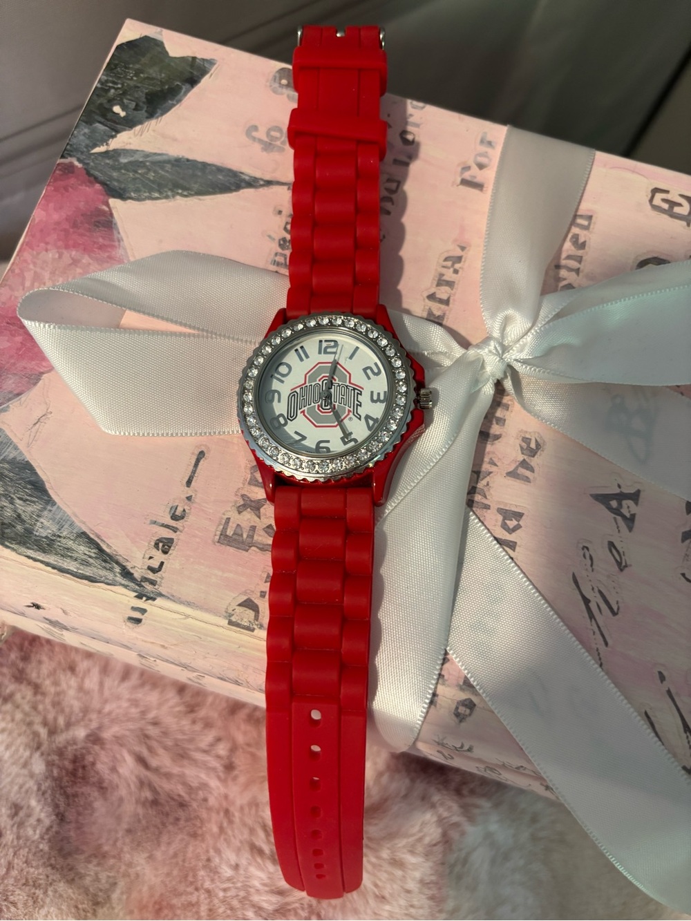Ohio State Buckeyes Sparkle Women's Watch features a red silicone jelly band